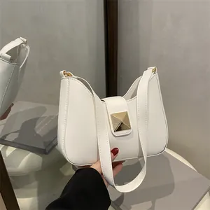 Women Minimalist PU Leather Underarm Bag Fashion Single Shoulder Crossbody Bag Square Metal Buckle Half Moon Hobo Purse