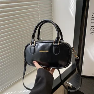 Retro Mini PU Leather Boston Bag For Women Fashion Letter Print Handbag Small Square Shoulder Crossbody Bag With Gold Hardware