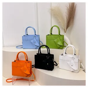 Collection of square tote bags in sky blue, green, orange, black and white