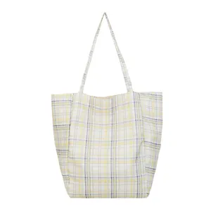 Chic checkered tote bag in yellow and blue plaid with large capacity for daily commute