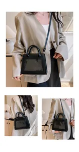 Tre viste di una mini borsa a tracolla nera con pannello frontale trasparente in PVC