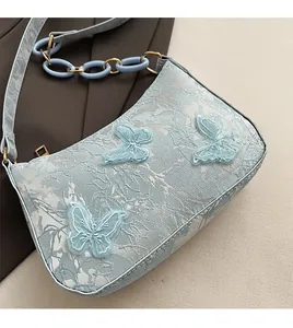 Detail of light blue bag with white floral jacquard and 3D butterfly embroidery charms