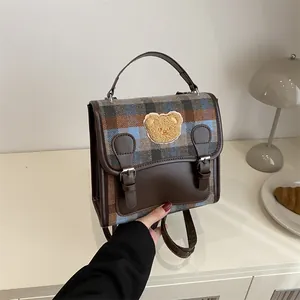 Vintage plaid backpack with cute teddy bear patch and brown leather straps for women