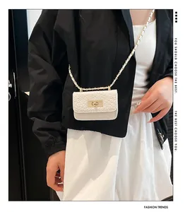 Mini white woven crossbody bag with gold chain strap and rectangular twist lock