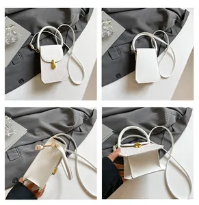 Detailed multi-angle view of white mini handbag with woven pattern and gold twist lock