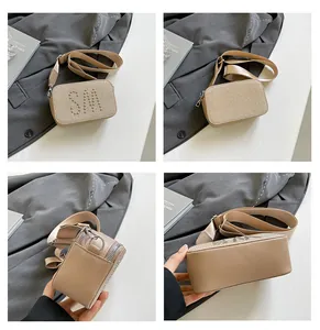 Detailed four-way views of chic square crossbody bag with rhinestone SM letter pattern