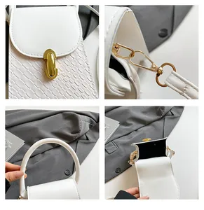 Detail shots of white mini crossbody bag featuring crocodile texture and gold hardware