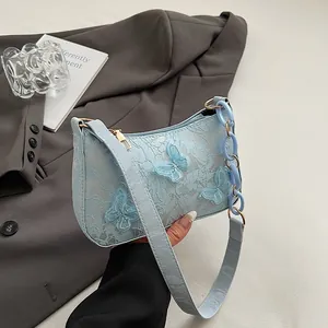 Women Butterfly Embroidery Shoulder Bag Lace Floral 3D Butterfly Underarm Bag With Resin Chain Strap Elegant Chic Handbag