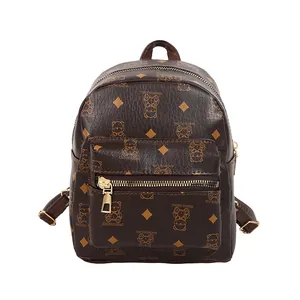Chic brown PU leather backpack with bear pattern and large capacity for women