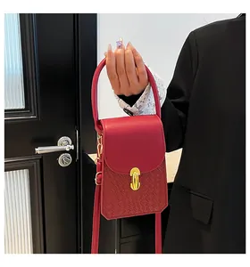 Detail of red leather mini bag featuring woven texture and gold metal buckle clasp
