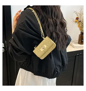 Detailed shot of a mini champagne woven shoulder bag with gold chain and turn-lock closure