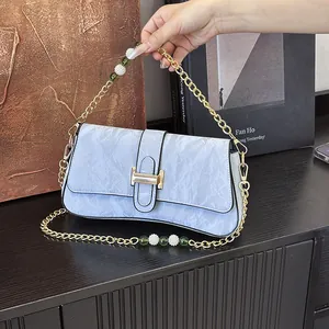 Sac Sous le Bras Plissé Niche Française Femme Cuir PU Bandoulière Avec Chaîne Dorée Décoration de Perles Main de Mode