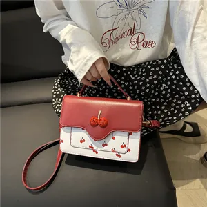 Women Cute Cherry Print Crossbody Bag PU Leather Contrast Color Small Square Top Handle Bag Sweet Fresh Flap Handbag Girls