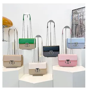 Detailed display of six colorful flap crossbody bags with woven texture and chain straps