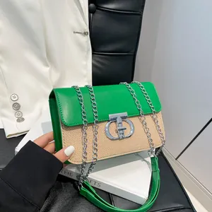 Fashion PU Leather Chain Shoulder Bag For Women Metal Lock Small Square Crossbody Bag Elegant Woven Texture Sling Bag Daily Party Travel Handbag