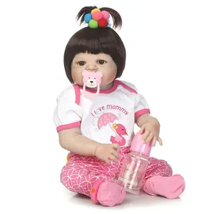 Realistic Reborn Baby Doll Silicone Lifelike Newborn Girl Doll With Brown Hair Pink Outfit Pacifier Milk Bottle For Kids Gift