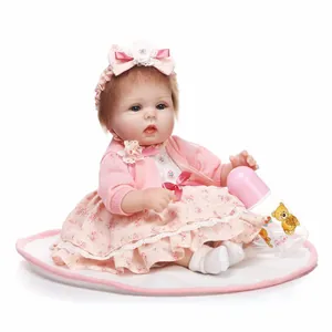 Realistic Reborn Baby Doll Silicone Limbs Cloth Body With Pink Floral Dress Cardigan Accessories Set For Kids Birthday Gift