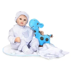 Realistic Reborn Baby Doll Soft Silicone Vinyl Cloth Body Newborn Doll With Blue Stripe Outfit Plush Giraffe Toy Kids Gift