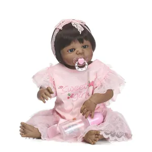 Poupée Reborn Réaliste Fille Noire Afro-Américaine Corps Complet En Silicone Robe En Dentelle Rose Avec Tétine Et Biberon Cadeau