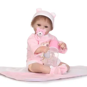 Poupée Bébé Reborn Réaliste 40cm Membres en Silicone Souple Corps en Tissu Simulation Nouveau-né Jouet Vêtements Ours Rose Accessoires Cadeau Fille