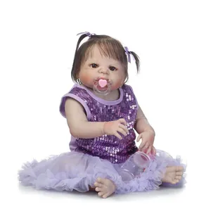 Realistic Reborn Baby Doll Girl In Purple Sequin Dress With Pacifier Milk Bottle Silicone High Simulation Kids Toy Newborn Doll