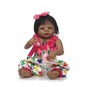Realistic African Reborn Baby Doll 56cm Silicone Full Body Girl Doll With Floral Dress Pacifier Bottle Kids Gift