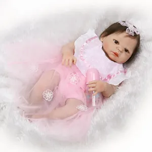 Lifelike 56cm Reborn Baby Doll Waterproof Full Silicone Bath Toy In Pink Lace Dress With Bottle For Kids Gift
