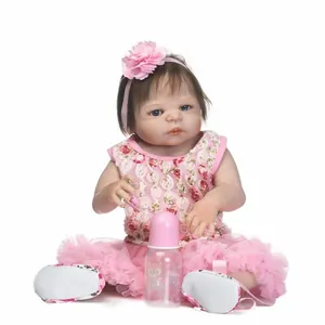 Realistic Full Silicone Reborn Baby Doll For Girls With Pink Floral Tutu Dress Flower Headband Feeding Bottle Shoes Simulation Newborn Baby Toy