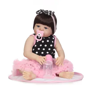 Realistic Full Silicone Reborn Baby Doll Girl With Polka Dot Dress Pink Tutu Brown Hair Blue Eyes Simulation Infant Toy Gift