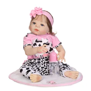 Realistic Reborn Baby Doll Full Body Silicone Waterproof Vinyl Girl Toy with Cow Clothing Set Accessories Birthday Gift