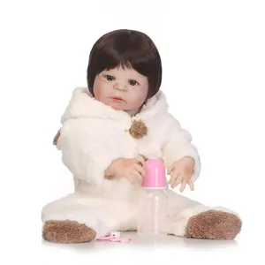 Full Silicone Body Reborn Baby Doll Girl Realistic Newborn Toy In Bear Hooded Romper With Bottle Pacifier For Bathing Play
