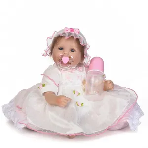 Realistic Reborn Baby Doll Soft Silicone Vinyl Cloth Body Lifelike Princess Toy With Pink Lace Dress Bottle Pacifier Gift