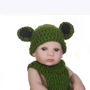 Handmade crochet baby frog costume set with green knitted hat and matching top for infants