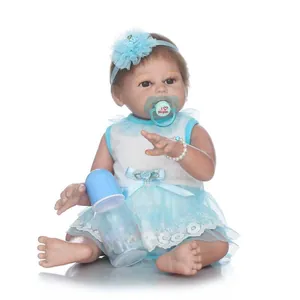 Realistic Full Silicone Reborn Baby Doll Girl In Light Blue Lace Dress Washable Newborn Simulation Doll Toy Gift