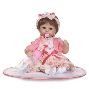 Realistic Reborn Baby Doll Soft Silicone Head Limbs Cloth Body Pink Floral Dress With Pacifier Bottle Toy For Girls