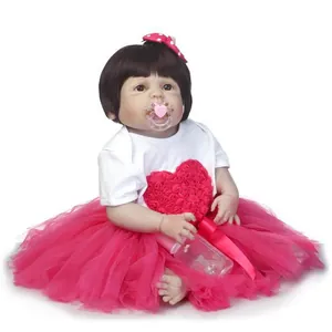 Realistic Full Body Silicone Reborn Baby Girl Doll With Magenta Tutu Skirt Magnetic Pacifier Feeding Bottle Washable Toy