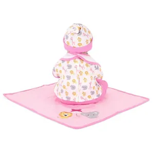 Realistic newborn baby doll in pink animal print outfit with matching play mat on white background