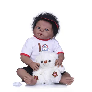 Realistic Reborn Doll Black Skin Newborn Baby Boy Doll Full Silicone Body Washable Toy With Curly Hair Hat Bear Pacifier Set