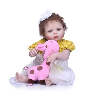 Lifelike Reborn Baby Doll Girl Yellow Polka Dot Dress And White Mesh Skirt With Plush Giraffe Toy Realistic Silicone Doll