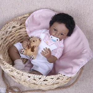 Realistic Reborn Baby Doll African American Black Skin Curly Hair Silicone Vinyl Limbs Cloth Body Newborn Toy With Plush Bear Pacifier