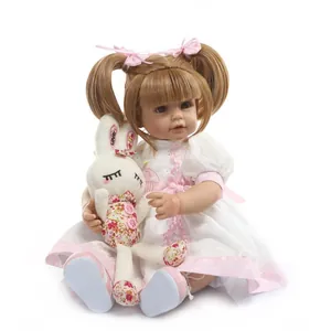 Lifelike Reborn Baby Doll Silicone Limbs Cotton Body Handmade Realistic Toddler Pink Princess Dress Rabbit Plush Toy Gift