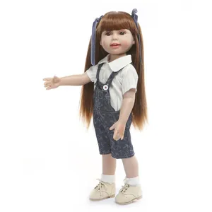 NPK long hair princess doll with blue bows and anchor print denim overalls