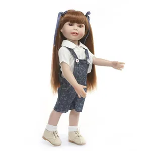 NPK long hair princess doll in navy anchor overalls and white sneakers on white background