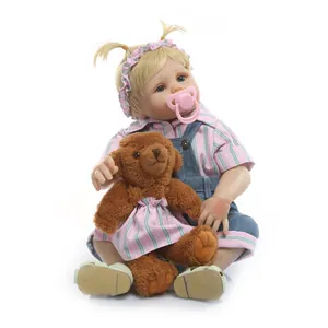Poupée Reborn Réaliste Corps Entier en Silicone Lavable Nouveau-Né Fille Avec Ours en Peluche et Accessoires de Tétine Cadeau Enfant