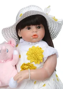 Detailed view of reborn baby doll with sunflower dress and plush elephant toy