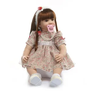 Poupée Reborn Réaliste Pour Fille Avec Longs Cheveux Bruns Robe De Princesse Florale Corps En Tissu Vinyle Silicone Fait Main