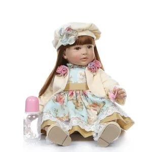 Realistic Reborn Toddler Doll Lifelike Simulation Baby Girl Long Hair Princess Toy Wearing Floral Dress Beret Accessory