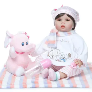 Realistic reborn baby doll set with striped outfit, plush elephant and nursing accessories