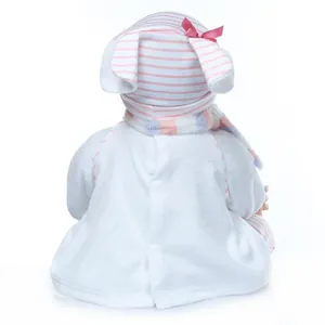 Detailed back view of a realistic reborn baby doll in soft fleece top with white snap buttons