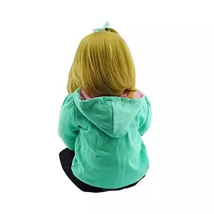 Realistic 60cm reborn baby doll with blonde hair in a green hoodie sitting on white background